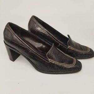 ANTONIO MELANI ITALIAN BROWN ALLIGATOR PATTERNED LEATHER LOAFERS WITH 2.5" HEEL